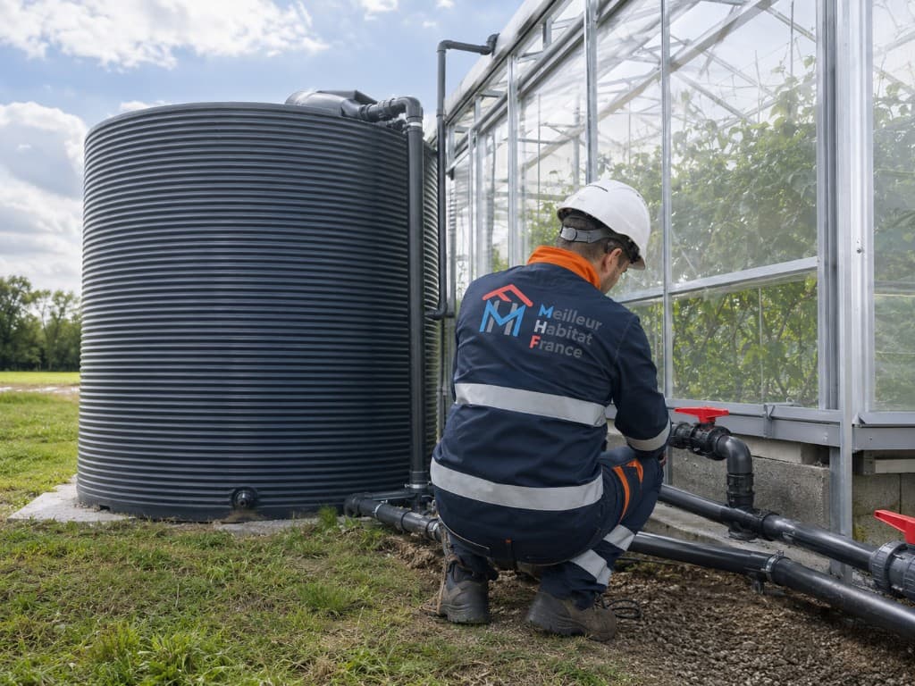 Technicien MHF règle les vannes d’un réseau de tuyauteries reliant une cuve de stockage d’eau à une serre vitrée avec cultures.