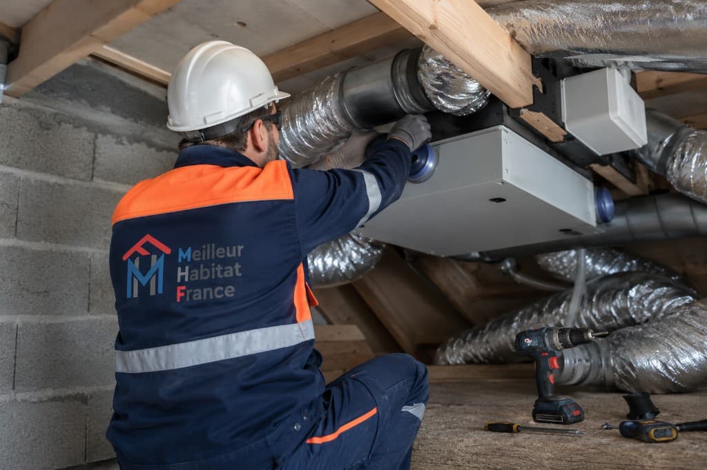 Technicien Meilleur Habitat de France en casque et veste haute visibilité, agenouillé dans un combles, raccordant une caisse VMC double flux à des gaines aérauliques isolées ; perceuse et outils posés au sol.