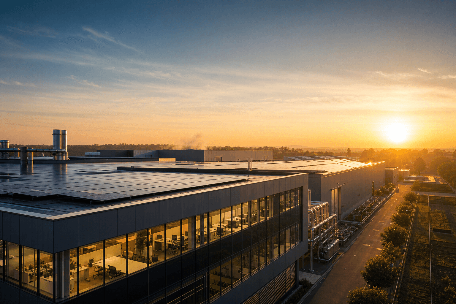 Sites industriels au crépuscule avec panneaux solaires — valorisation des certificats d'économies d'énergie et accompagnement dossiers CEE avec MHF