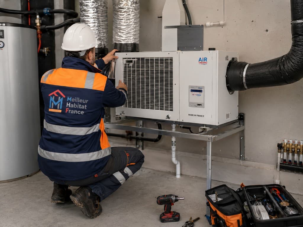 Technicien MHF en tenue Meilleur Habitat de France règle un déshumidificateur Air Thermo dans un local technique, avec tuyauteries et outillage professionnel.