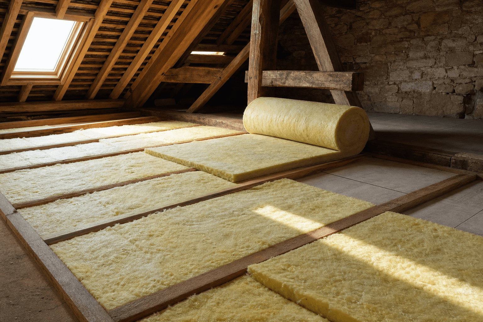Pose d'isolation en laine minérale jaune entre solives de bois dans des combles : rouleaux déroulés et découpes aux appuis pour continuité thermique.