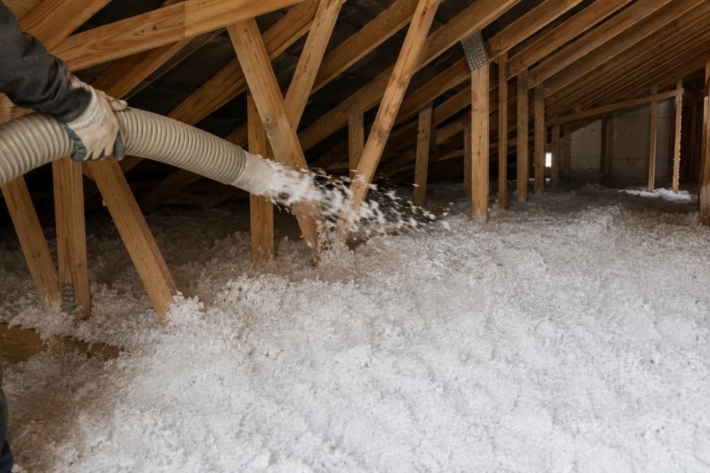 Artisan en gants de chantier réalisant l'isolation thermique des combles par soufflage de laine isolante blanche entre solives de bois, flexible d'alimentation.