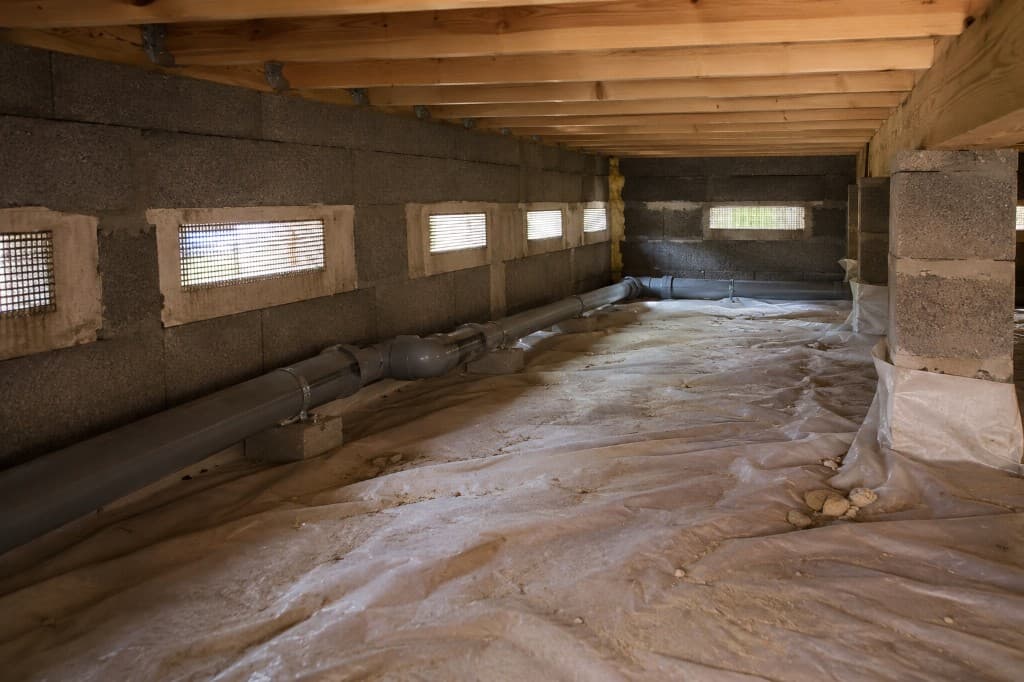Vue technique d'un vide sanitaire avec pare-vapeur au sol, aérations sur mur et fixations de canalisations — isolation planchers bas et performance thermique.