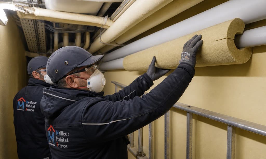 Techniciens Meilleur Habitat de France en équipement de protection posant des manchons isolants sur une canalisation horizontale en local technique.