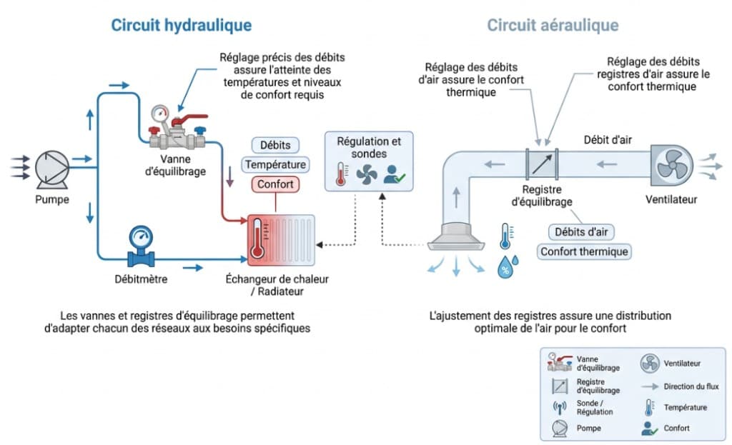 Schéma technique : circuit hydraulique avec pompe, vanne d'équilibrage et manomètre, débitmètre, radiateur reliés à un bloc régulation et sondes ; circuit aéraulique avec ventilateur, registre d'équilibrage dans une gaine et diffuseur au plafond. Légende des symboles (vanne, registre, sonde, pompe, ventilateur, flux, température, confort).