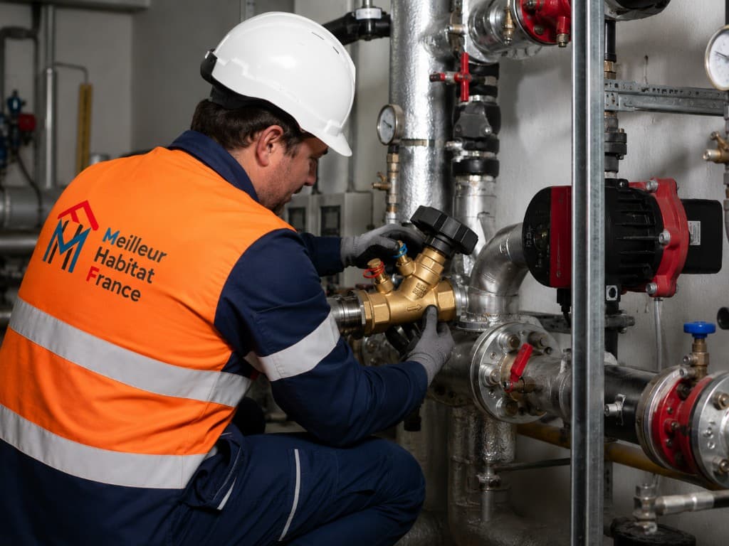 Technicien en casque et veste haute visibilité Meilleur Habitat de France, accroupi, réglant une vanne d'équilibrage en laiton sur un réseau de tuyauteries et manomètres en chaufferie.