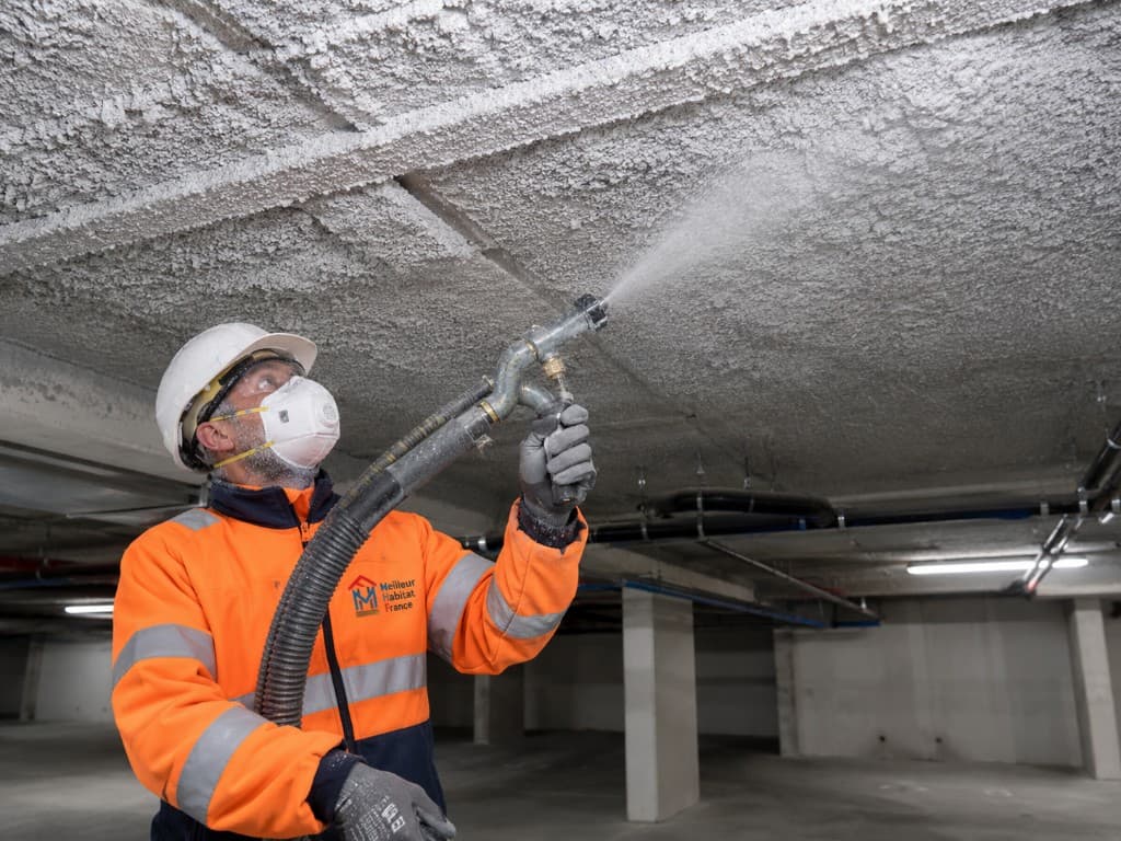 Technicien en combinaison haute visibilité et équipements de protection projetant de l'isolant flocage sur un plafond béton de parking souterrain, logo Meilleur Habitat de France sur la veste.