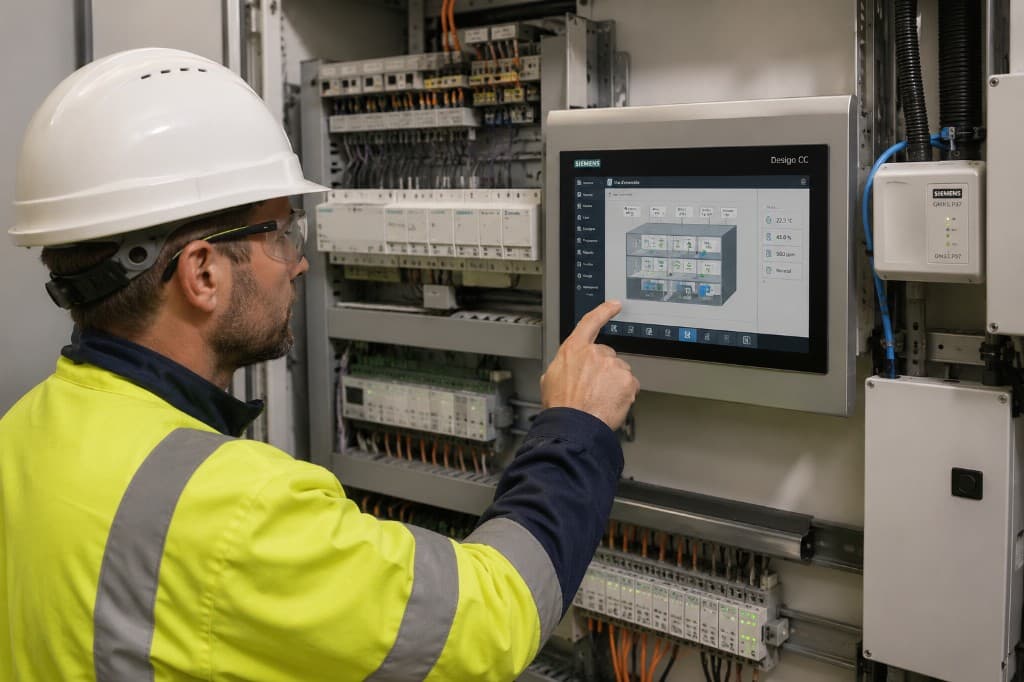 Technicien en casque, lunettes et veste haute visibilité utilisant un écran tactile de supervision GTB sur armoire de contrôle-commande ouverte ; vue synoptique d'un bâtiment avec température, humidité et taux de CO2 affichés.